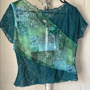 Mistress Rocks shirt semi sheer Teal Lace Patchwork Top NEW floral paisley large